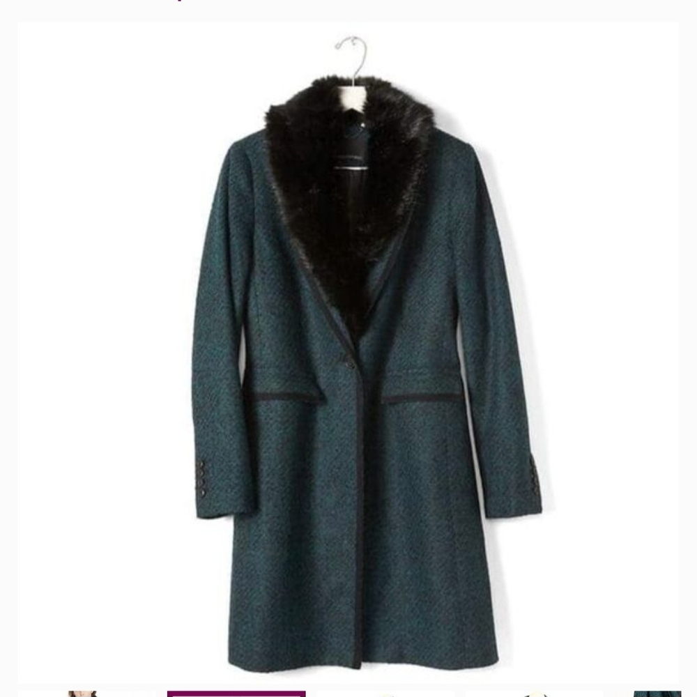 Banana Republic Teal Trench Coat with Black Faux Fur